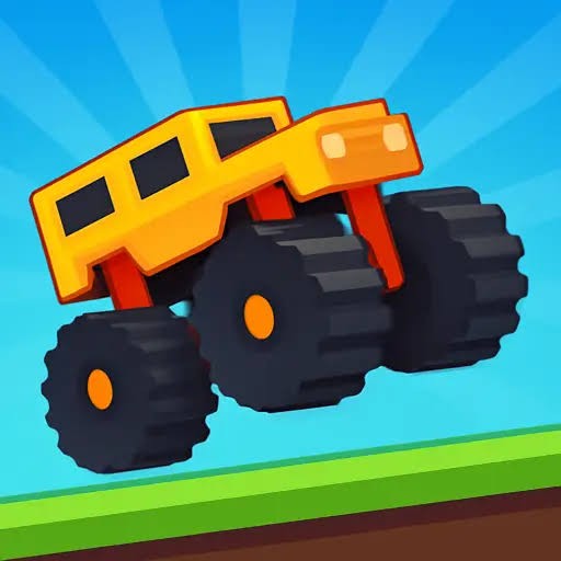 Red car driving across a colorful hill track